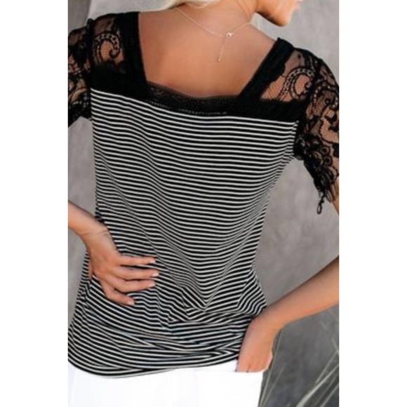 POL Black with White Stripes V Neck Lace Sleeve Rayon Jersey Tee - Picture 10 of 11